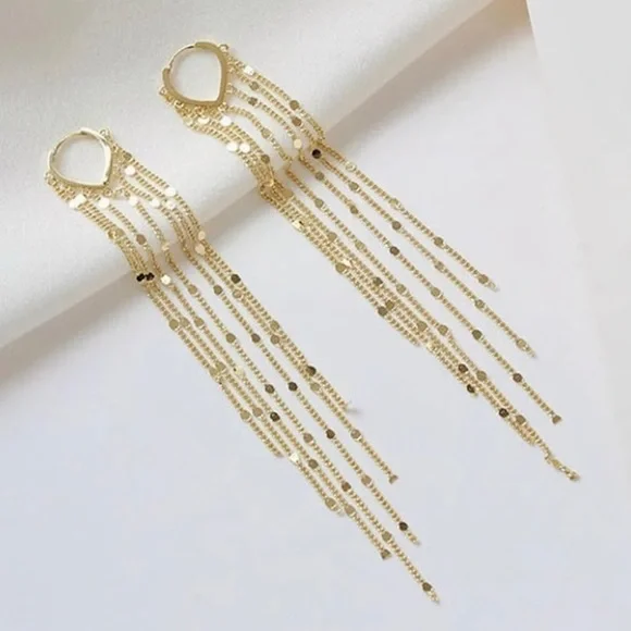 Gold geometric dangle tassel drop earrings - Picture 2 of 5